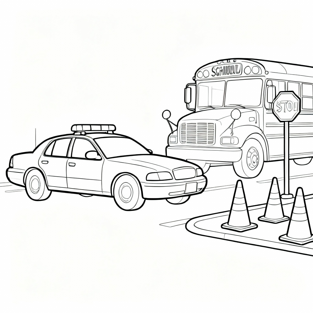 Police Car Bus Stop Coloring Page