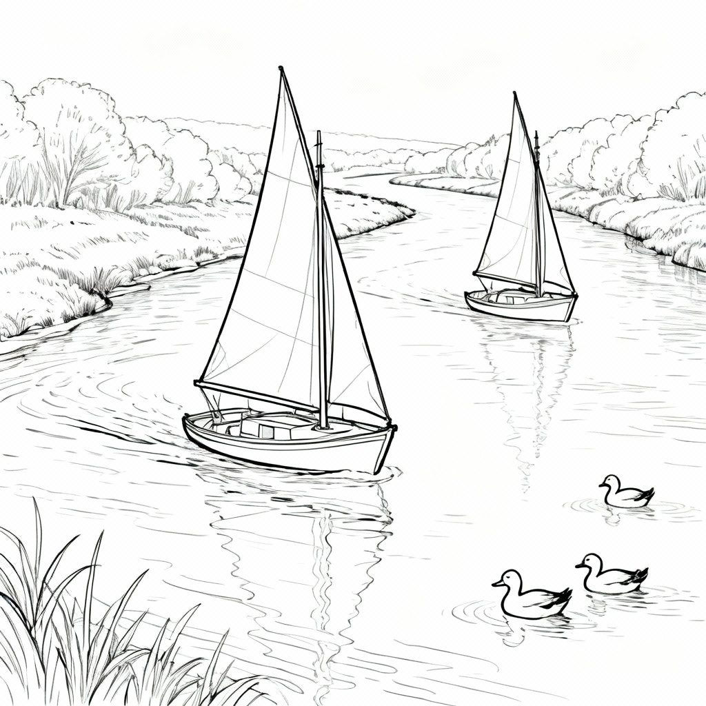 Sailboats River Coloring Page