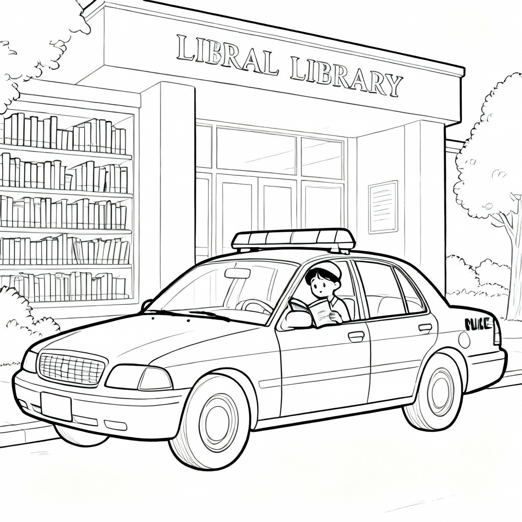 Library Police Car Story Coloring Page