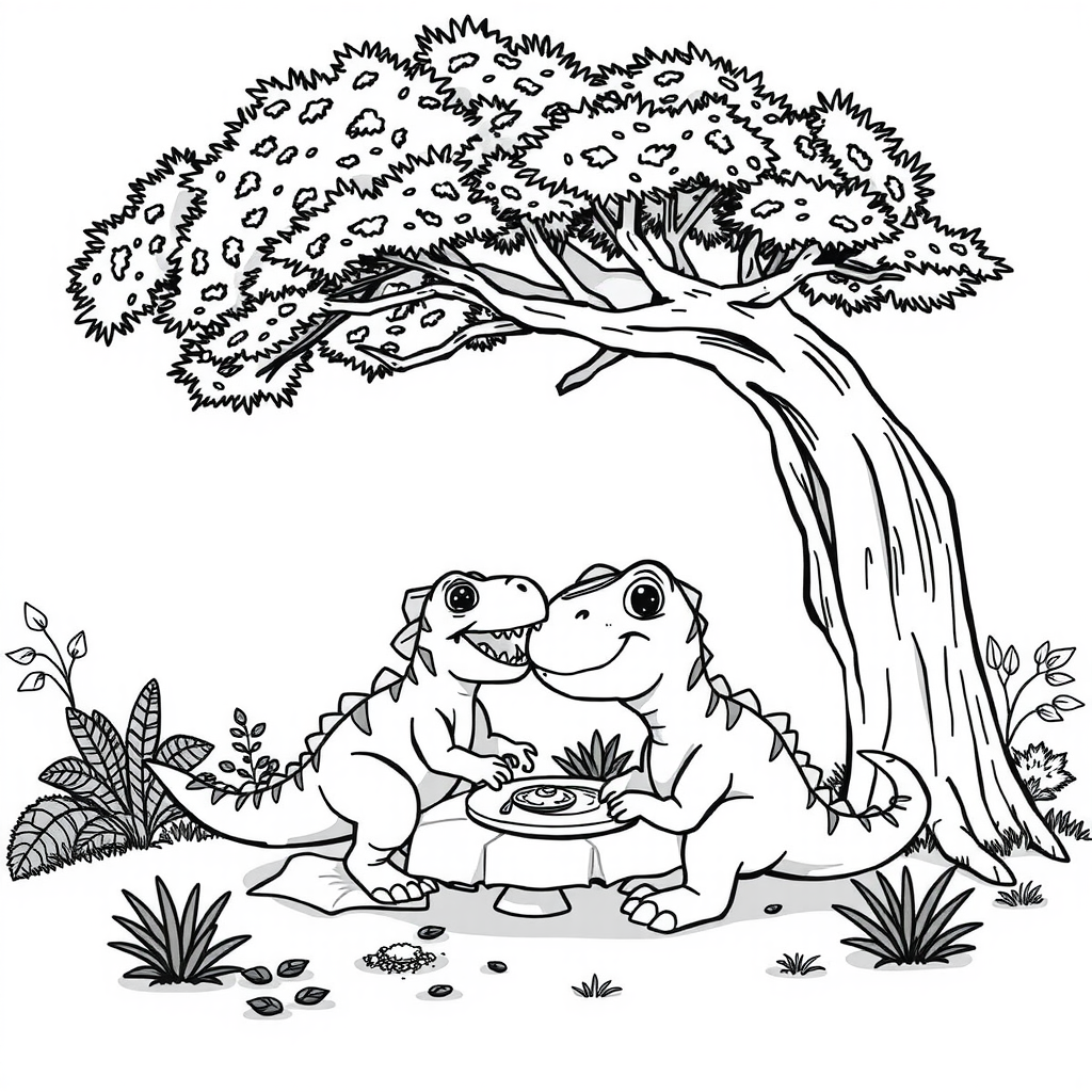 T-Rex Picnic Coloring Page