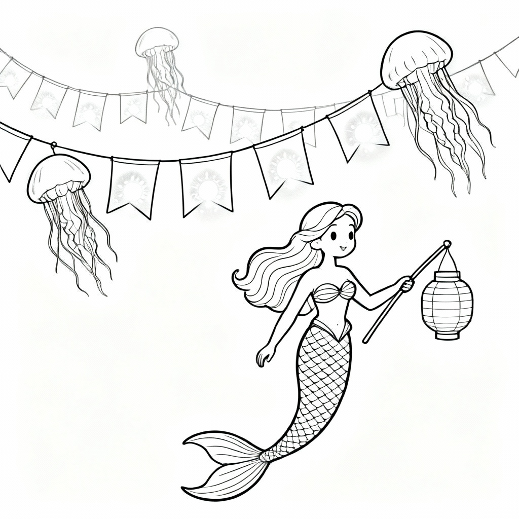 Mermaid Lantern Coloring Page