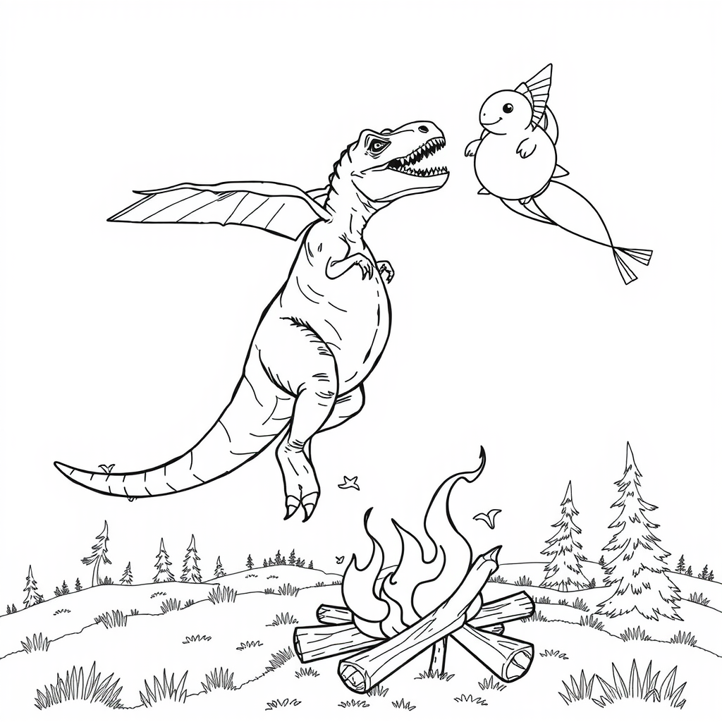T-Rex Kite Sky Coloring Page