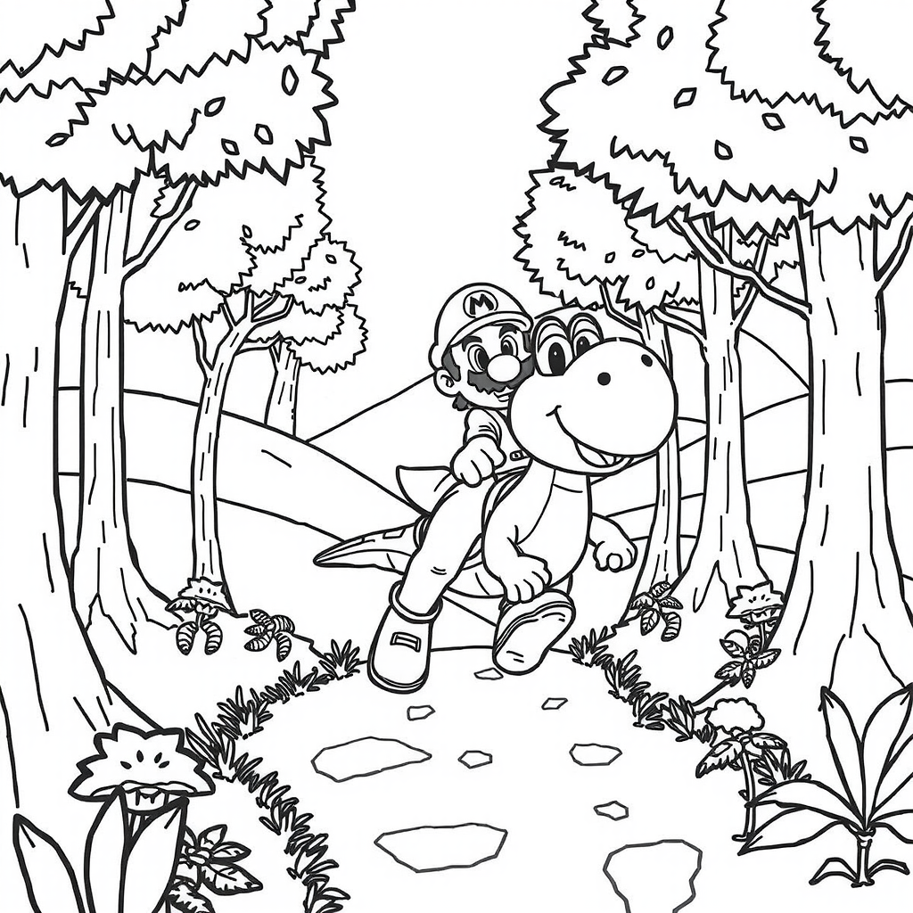 Mario Yoshi Forest Ride Coloring Page