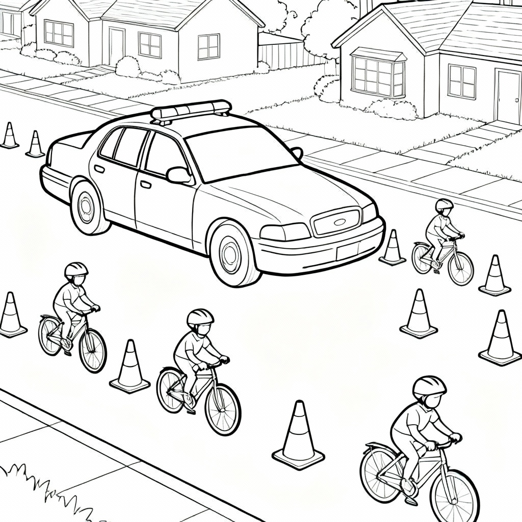 Police Car Guiding Cyclists Coloring Page