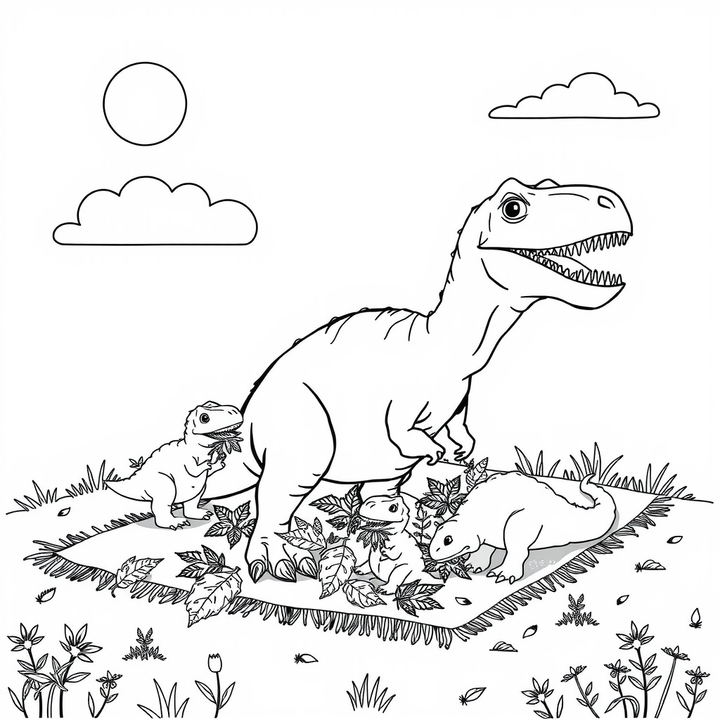 T-Rex Picnic Coloring Page