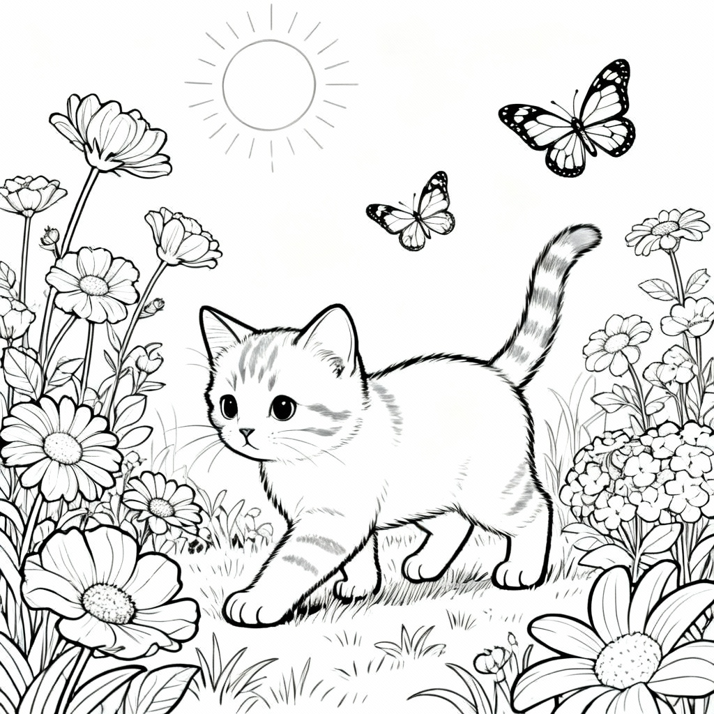 Kitten in Garden Coloring Page