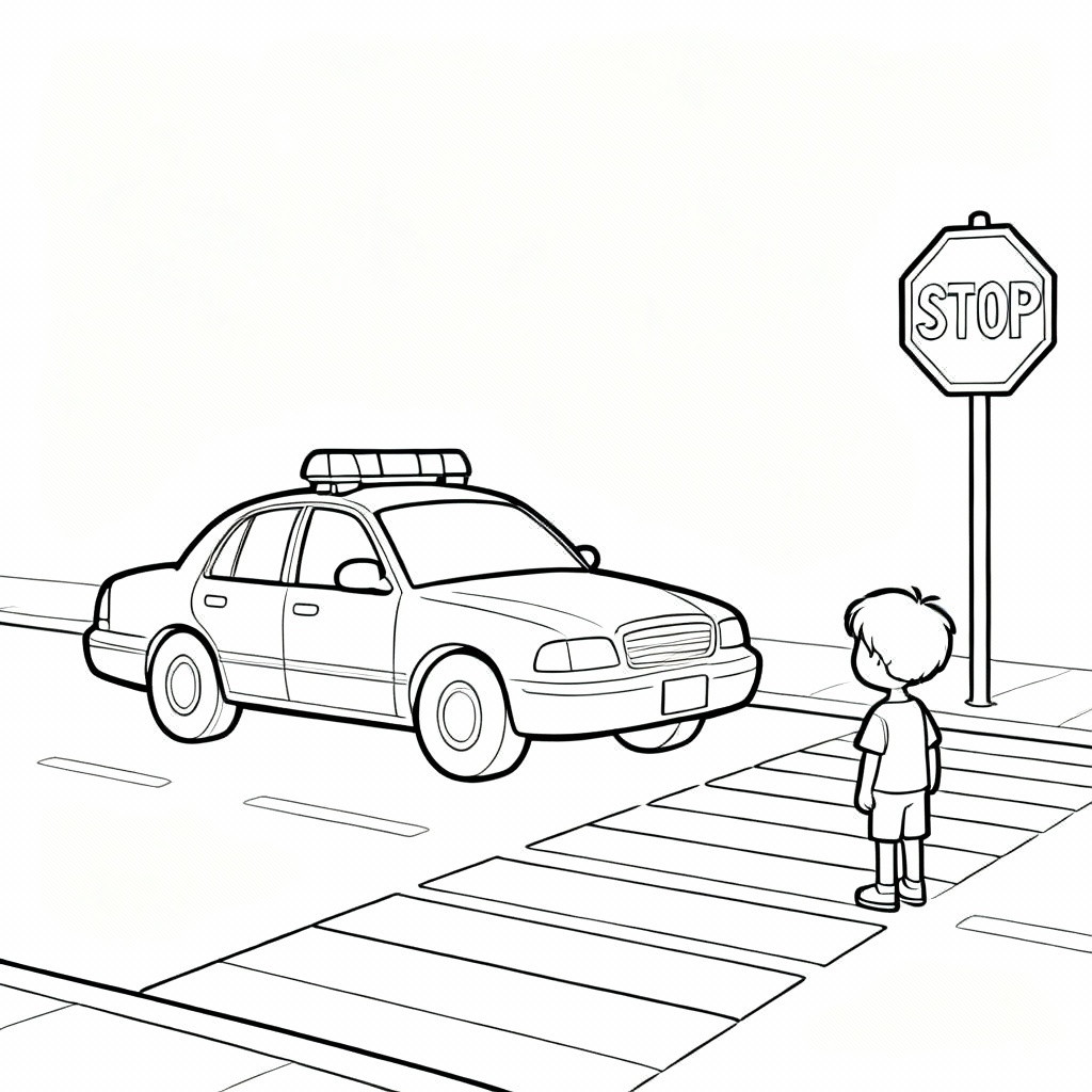Police Car Safety Crossing Coloring Page