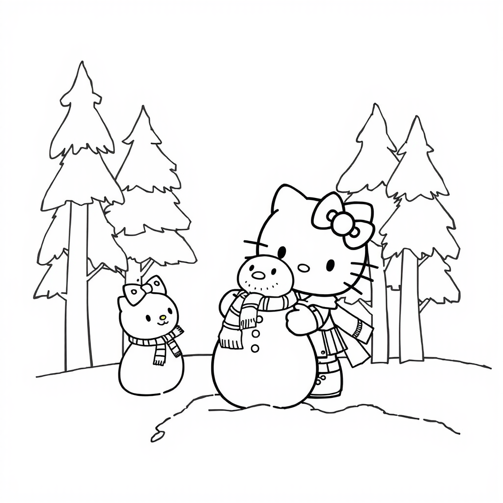 Hello Kitty Snowman Friends Coloring Page